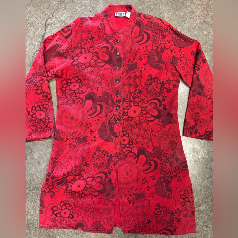 Chico's Vintage Red Floral Beaded Jacket Size 2 Red/Black. Long.  
Made in India